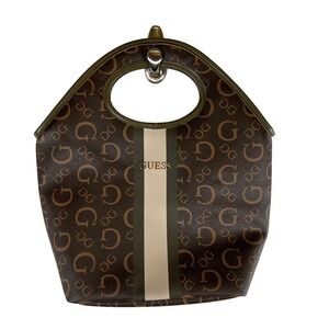 Guess‎ Monogram Cutout Handle Tote Bag Brown Olive Green Logo Print Lunch Bag